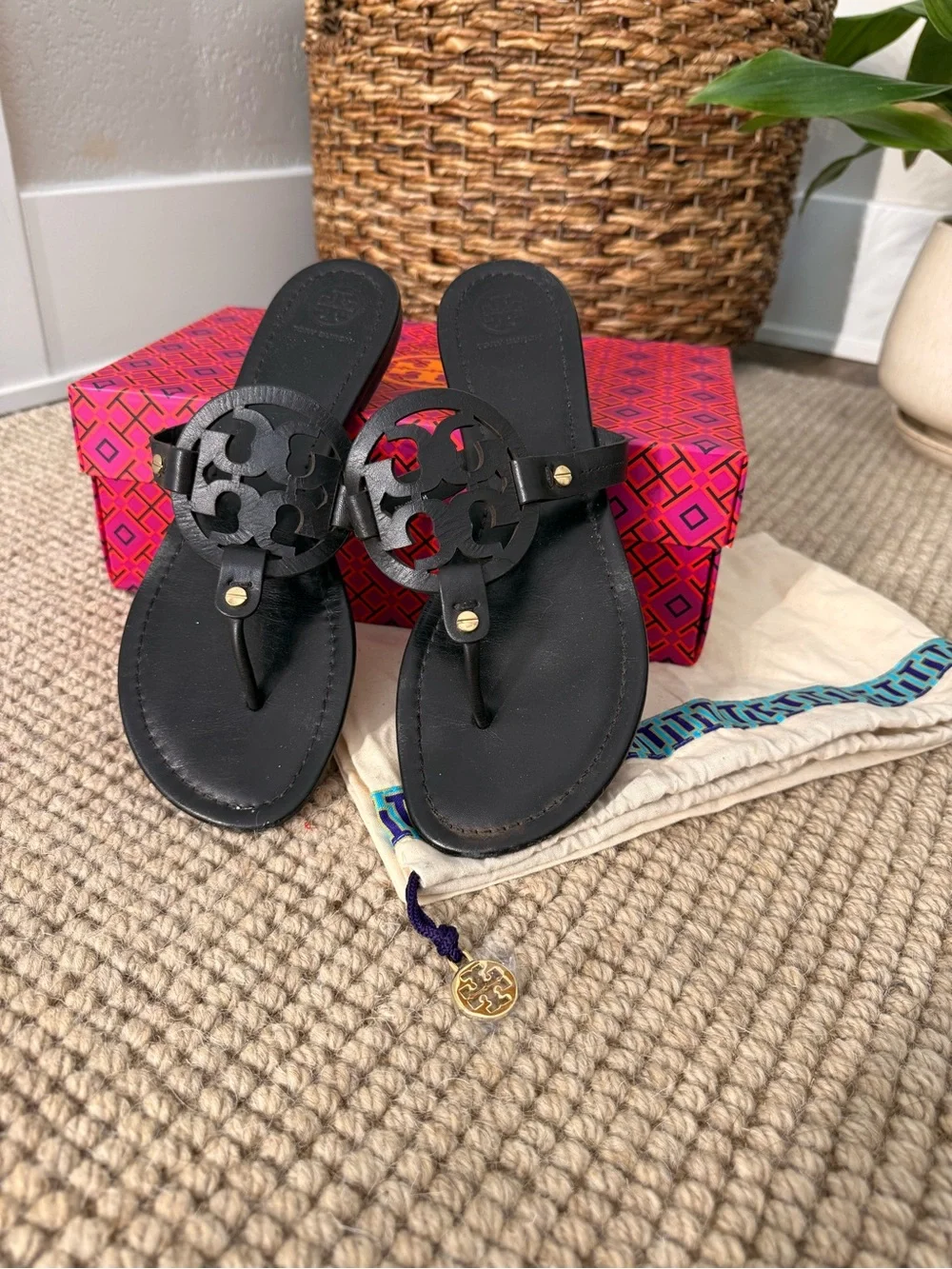Tory Burch Black Leather Logo Thong Sandals